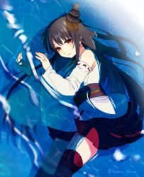 Rule 34 | 10s, 1girl, bare shoulders, black hair, blush, detached sleeves, earrings, fusou (kancolle), hair ornament, haroko (haloco), jewelry, kantai collection, light smile, long hair, lying on water, nontraditional miko, obi, pleated skirt, red eyes, ribbon-trimmed sleeves, ribbon trim, ring, sash, skirt, thighhighs, twitter username, wedding band