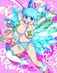 Rule 34 | 1girl, alternate costume, alternate hairstyle, anklet, arm behind back, armpits, arms up, barefoot, beads, bikini, bikini bottom only, blue bikini, blue eyes, blue hair, blush, bouncing breasts, bracelet, breasts, cirno, commentary request, confetti, dated, foot out of frame, frog, heart stickers, highres, ice, ice wings, jewelry, large breasts, looking at viewer, navel, open mouth, oppai loli, pink background, short hair, smile, snowflakes, solo, sweat, swimsuit, touhou, wings, yonaki