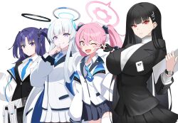 Rule 34 | + +, 4girls, 4uu (radicalmp head), belt, belt pouch, black gloves, black hair, black skirt, black suit, blue archive, blue necktie, blunt bangs, bright pupils, collared shirt, commentary request, fang, fingerless gloves, formal, gloves, grey hair, hair ornament, hairclip, halo, hand on own chin, hand up, headphones, highres, holding, holding tablet pc, id card, jacket, koyuki (blue archive), lanyard, long hair, mechanical halo, miniskirt, multiple girls, necktie, noa (blue archive), off shoulder, open clothes, open jacket, open mouth, parted bangs, partial commentary, pink eyes, pink hair, pleated skirt, pouch, purple eyes, purple hair, red eyes, rio (blue archive), school, shirt, sidelocks, skirt, smile, suit, sweater, tablet pc, turtleneck, turtleneck sweater, twintails, two-sided fabric, two-sided jacket, two side up, v, very long hair, white background, white belt, white jacket, white shirt, white suit, white sweater, yuuka (blue archive)