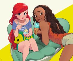 Rule 34 | 2girls, ariel (disney), armchair, bare arms, bare legs, bare shoulders, beige background, beige shorts, bent over, blouse, blue eyes, brown eyes, brown hair, chair, character doll, closed mouth, clothes writing, collarbone, cup, curly hair, dark-skinned female, dark skin, eyelashes, fingernails, flounder (the little mermaid), food, fork, green shorts, holding, holding cup, holding food, holding fork, ice cream, ice cream cone, knees together feet apart, light blush, lips, long hair, looking at viewer, looking back, moana (movie), moana waialiki, multiple girls, nail polish, off shoulder, on chair, orange tank top, pano (mohayayamai), purple shirt, red hair, red lips, red nails, shirt, shorts, side-tie shirt, simple background, sitting, smile, smirk, spaghetti strap, stuffed animal, stuffed fish, stuffed toy, swept bangs, tank top, the little mermaid, thick eyebrows, tongue, tongue out, two-tone background, very long hair, wavy hair, wreck-it ralph, yellow background, yellow nails