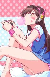 Rule 34 | 1girl, bed, blush, brown hair, blowing bubbles, casual, chewing gum, controller, d.va (overwatch), facepaint, facial mark, from side, game controller, gamepad, headphones, highres, looking at viewer, lyn (shunao), no pants, on bed, overwatch, overwatch 1, panties, playing games, polka dot, polka dot panties, robot ears, shirt, sitting, solo, t-shirt, underwear, whisker markings, wristband