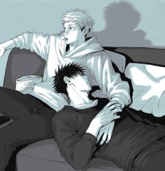 Rule 34 | 2boys, absurdres, blue theme, controller, couch, couple, feet out of frame, food, food in mouth, fushiguro megumi, hand on another&#039;s arm, hand on another&#039;s chest, highres, hood, hoodie, itadori yuuji, jujutsu kaisen, lap pillow, long sleeves, looking ahead, lying, male focus, marukome0816, monochrome, multiple boys, on back, on couch, open mouth, pants, remote control, shadow, shirt, short hair, sitting, sleeping, spiked hair, yaoi