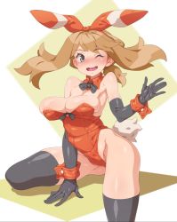 Rule 34 | 1girl, black bow, black bowtie, black gloves, black thighhighs, blue eyes, bow, bowtie, breasts, brown hair, cleavage, creatures (company), detached collar, elbow gloves, game freak, gloves, hairband, highres, large breasts, leotard, may (pokemon), nintendo, one eye closed, open mouth, playboy bunny, pokemon, pokemon oras, red hairband, smile, solo, teeth, tenako (mugu77), thighhighs, upper teeth only