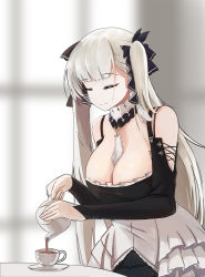 Rule 34 | 1girl, azur lane, bare shoulders, between breasts, black dress, black ribbon, blunt bangs, breasts, cleavage, closed eyes, commentary request, cup, dress, formidable (azur lane), frilled dress, frills, gan-viking, hair ornament, highres, holding, holding teapot, large breasts, long hair, long sleeves, looking at viewer, red eyes, ribbon, solo, tea, teacup, teapot, twintails