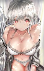 Rule 34 | 1girl, bare shoulders, bra, breasts, cleavage, collarbone, feathered wings, grey jacket, houdukixx, jacket, kishin sagume, lace, lace-trimmed bra, lace-trimmed panties, lace trim, large breasts, long sleeves, looking at viewer, navel, off shoulder, open clothes, open jacket, panties, red eyes, short hair, silver hair, single wing, solo, stomach, thighs, touhou, underwear, underwear only, white bra, white panties, wings