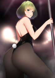 Rule 34 | 1girl, animal ears, ass, bare back, bare shoulders, breasts, commentary, fake animal ears, fishnet pantyhose, fishnets, fog, green eyes, green hair, highres, idolmaster, idolmaster cinderella girls, leotard, looking at viewer, medium breasts, pantyhose, parted lips, playboy bunny, pole, rabbit ears, rabbit tail, senju (snz0), short hair, solo, stripper pole, tail, takagaki kaede, thighs, thong leotard