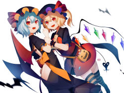 Rule 34 | 2girls, alternate color, ascot, ass, ass cutout, back bow, back cutout, bag, bat (animal), bat wings, black bow, black dress, black headwear, black shirt, blonde hair, blue hair, bow, butt crack, candy, clothing cutout, commentary, crystal, dress, flandre scarlet, food, hair between eyes, halloween, hat, hat ribbon, holding another&#039;s wrist, ikasoba, jack-o&#039;-lantern print, laevatein (tail), lollipop, macaron, mob cap, multiple girls, orange bow, red ribbon, red skirt, red vest, remilia scarlet, ribbon, sharp teeth, shirt, short hair, short sleeves, shoulder bag, siblings, side ponytail, simple background, sisters, skirt, striped clothes, striped legwear, striped thighhighs, tail, teeth, thighhighs, touhou, vest, white background, wings, wrapped candy, wrist cuffs, yellow ascot