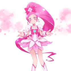 Rule 34 | 1girl, blush, boots, bow, brooch, choker, colored eyelashes, cowboy shot, cure blossom, earrings, flower, flower earrings, hair bow, hair flower, hair ornament, hanasaki tsubomi, heart, heart brooch, heartcatch precure!, high ponytail, highres, jewelry, knee boots, legs apart, long hair, looking at viewer, magical girl, nijigami rin, pink bow, pink choker, pink eyes, pink hair, pink skirt, pink theme, precure, puffy sleeves, skirt, smile, solo, standing, white background, white footwear, wrist cuffs