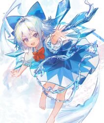 Rule 34 | 1girl, barefoot, blue bow, blue dress, blue eyes, blue hair, bow, calcite, cirno, collared shirt, dress, fairy, hair bow, highres, ice, ice wings, looking at viewer, open mouth, shirt, short hair, short sleeves, simple background, smile, solo, touhou, water, white background, white shirt, wings