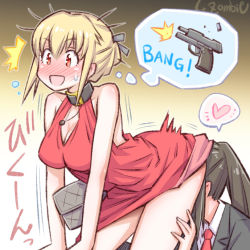 Rule 34 | 2girls, alternate hairstyle, artist name, bag, bent over, black hair, blonde hair, blush, breasts, choker, cleavage, dress, face in ass, female pervert, firing, formal, full-face blush, gun, handbag, head under another&#039;s clothes, heart, inoue takina, jewelry, lycoris recoil, medium breasts, multiple girls, necklace, necktie, nishikigi chisato, official alternate costume, open mouth, orange eyes, pervert, red dress, simple background, spoken heart, studiozombie, suit, sweatdrop, under another&#039;s clothes, upskirt, weapon, yuri