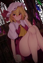 Rule 34 | 1girl, absurdres, ass, bare legs, blonde hair, blush, commentary request, crystal, enami (puusannnemuiyo), flandre scarlet, hat, hat ribbon, highres, indoors, knees up, looking at viewer, mob cap, open mouth, puffy short sleeves, puffy sleeves, red eyes, red ribbon, red skirt, red vest, ribbon, shirt, short sleeves, side ponytail, sitting, skirt, skull, solo, thighs, touhou, vampire, vest, white shirt, wings, yellow neckwear