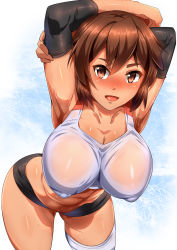 Rule 34 | 1girl, :d, absurdres, armpits, arms up, black shorts, breasts, brown eyes, brown hair, cleavage, collarbone, commentary, covered erect nipples, elbow pads, english commentary, hair between eyes, highres, large breasts, leaning forward, looking at viewer, magukappu, open mouth, original, shorts, single thighhigh, smile, solo, sweat, tank top, thighhighs, white tank top, white thighhighs