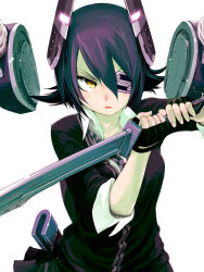 Rule 34 | 10s, 1girl, eyepatch, fingerless gloves, gloves, headgear, highres, holding, holding sword, holding weapon, kantai collection, lipstick, makeup, moyamu, personification, purple hair, scabbard, sheath, short hair, solo, sword, tenryuu (kancolle), weapon, yellow eyes