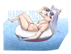 Rule 34 | 1girl, 2020, adjusting eyewear, arm up, armband, bare arms, bare legs, bare shoulders, barefoot, bikini, bow, breasts, collarbone, commentary request, fujiwara no mokou, groin, hair between eyes, hair bow, half updo, halterneck, highres, innertube, joeychen, long hair, looking at viewer, navel, red eyes, sidelocks, silver hair, sitting, small breasts, smile, solo, stomach, sunglasses, sunglasses on head, swim ring, swimsuit, thighs, touhou, water, white background, white bikini, white bow