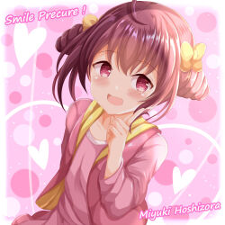 Rule 34 | 1girl, :d, blush, bow, brown hair, character name, commentary request, copyright name, double bun, dutch angle, hair between eyes, hair bow, hair bun, hand up, hoshizora miyuki, jacket, long sleeves, looking at viewer, open clothes, open jacket, open mouth, pink jacket, pink shirt, pink skirt, precure, red eyes, redrawn, shirt, skirt, smile, smile precure!, solo, xenon (for achieve), yellow bow