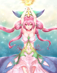 Rule 34 | 1girl, armpits, arms up, breasts, dress, granblue fantasy, highres, leaf, leaf on head, long hair, looking at viewer, medium breasts, monster girl, navel, open mouth, pink dress, pink hair, plant girl, quad tails, sakaokasan, solo, yellow eyes, yggdrasill (granblue fantasy)