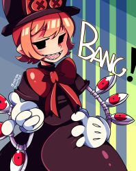 Rule 34 | 1girl, bow, bowtie, dress, english text, female focus, gloves, half-closed eyes, hat, highres, looking at viewer, mechanical arms, orange hair, peacock (skullgirls), red eyes, ribbon, sharp teeth, short hair, shotahunter, shunter, skullgirls, smile, solo, teeth, text focus, top hat, white gloves