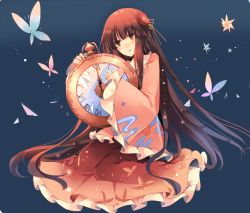 Rule 34 | 1girl, black hair, blouse, blush, brown eyes, brown skirt, bug, butterfly, commentary request, floral print, flower, frilled sleeves, frills, full body, hair flower, hair ornament, hime cut, houraisan kaguya, insect, kirero, long hair, long skirt, long sleeves, looking at another, oversized object, parted lips, petticoat, pink shirt, pocket watch, shirt, sidelocks, sitting, skirt, solo, touhou, very long hair, wariza, watch, wide sleeves