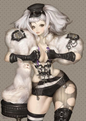 Rule 34 | 1girl, animal, asymmetrical legwear, big hair, boots, breasts, cat, cleavage, cross, elbow gloves, fur, gloves, grey eyes, hat, hip focus, jewelry, large breasts, latex, lips, maggi, mismatched legwear, narrow waist, necklace, pale skin, pantyhose, parted lips, polka dot, polka dot background, ring, signature, skull, striped clothes, striped thighhighs, thick thighs, thigh boots, thighhighs, thighs, torn clothes, torn legwear, uneven legwear, vertical stripes, white hair, wide hips, zipper