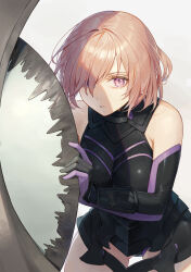 Rule 34 | 1girl, absurdres, armored leotard, black gloves, black leotard, breasts, cotta (heleif), elbow gloves, fate/grand order, fate (series), gloves, hair over one eye, highres, holding, holding shield, large breasts, leaning forward, leotard, looking at viewer, lord camelot (fate), mash kyrielight, parted lips, pink hair, purple eyes, purple gloves, shadow, shield, short hair, simple background, solo, two-tone gloves