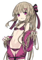 Rule 34 | 1girl, bare shoulders, bikini, black bow, bow, breasts, collarbone, cowboy shot, fingernails, grin, hair bow, hair flowing over, hair ornament, hairclip, head tilt, highres, holding, holding hair, jacket, light brown hair, long hair, long sleeves, looking at viewer, nail polish, off shoulder, original, paryi, purple jacket, purple nails, simple background, small breasts, smile, solo, standing, striped bikini, striped bow, striped clothes, swimsuit, very long hair, white background, wide sleeves