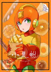 1boy absurdres bag baguette bodysuit bread doughnut food green_eyes helmet highres holding holding_bag looking_at_viewer male_focus mega_man_(character) mega_man_(classic) mega_man_(series) open_mouth orange_background orange_helmet pancake pizza signature solo yasaikakiage yellow_bodysuit