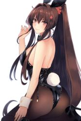 Rule 34 | 1girl, alternate costume, ass, black footwear, black leotard, breasts, brown eyes, brown hair, brown pantyhose, closed mouth, commentary request, fake tail, flower, from behind, hair between eyes, hair flower, hair ornament, hand up, high heels, high ponytail, highres, kantai collection, kasumi (skchkko), large breasts, leotard, looking at viewer, looking back, pantyhose, playboy bunny, pumps, rabbit tail, shoes, sitting, smile, solo, stiletto heels, tail, wariza, white background, white wrist cuffs, wrist cuffs, yamato (kancolle)