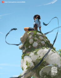 Rule 34 | 1girl, arm support, black hair, black shorts, day, from below, from side, full body, grass, highres, indian style, kan liu (666k), on rock, original, outdoors, patreon username, pointy ears, profile, robe, rock, seal impression, short hair, short sleeves, shorts, sidelocks, signature, sitting, sky, solo, white robe