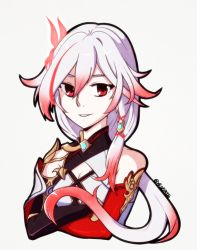 Rule 34 | 1girl, asymmetrical gloves, bare shoulders, black gloves, breasts, china dress, chinese clothes, cleavage, dress, fu hua, fu hua (phoenix), gloves, hair between eyes, hair ornament, honkai (series), honkai impact 3rd, long hair, looking at viewer, mismatched gloves, multicolored hair, ponytail, red eyes, red gloves, simple background, small breasts, smile, solo, streaked hair, white background, white hair, xkaishaku