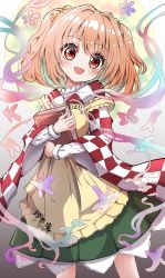 Rule 34 | 1girl, absurdres, apron, bell, blush, book, bug, butterfly, checkered clothes, checkered kimono, clothes writing, hair bell, hair between eyes, hair ornament, highres, holding, holding book, insect, japanese clothes, kayon (touzoku), kimono, long sleeves, motoori kosuzu, open mouth, red eyes, red hair, short hair, smile, solo, touhou, two side up, wide sleeves, yellow apron