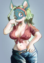 Rule 34 | 1girl, ahoge, animal ears, belt, blue eyes, blue pants, blue skin, boku no hero academia, breasts, colored skin, cropped shirt, denim, front-tie top, furry, furry female, green hair, groin, hand on own hip, highres, huge ahoge, ippan josei, jeans, kuromadara, large breasts, long hair, looking at viewer, midriff, multicolored hair, multicolored skin, navel, pants, plunging neckline, rabbit ears, red shirt, shark girl, shirt, snout, solo, two-tone hair, two-tone skin, white skin