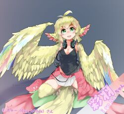 Rule 34 | 1girl, ahoge, animal ears, artist name, bird ears, bird legs, bird tail, black tank top, blonde hair, blush, breasts, cleavage, feathers, green eyes, grey background, headphones, headphones around neck, long tail, looking at viewer, multicolored feathers, multicolored wings, open mouth, original, pink skirt, rnd.jpg (artist), simple background, skirt, small breasts, solo, squatting, tail, talons, tank top, wings, yellow feathers, yellow wings