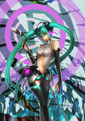 Rule 34 | 1girl, absurdres, aqua eyes, aqua hair, belt, breasts, bridal gauntlets, elbow gloves, female focus, fingerless gloves, g-ong, gloves, hatsune miku, hatsune miku (append), highres, long hair, microphone, microphone stand, smile, solo, twintails, very long hair, vocaloid, vocaloid append
