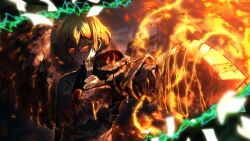 Rule 34 | 1boy, armor, blonde hair, blood, blood on face, e.g.o (project moon), fire, game cg, glasses, grey jacket, highres, holding, holding sword, holding weapon, jacket, library of ruina, limbus company, nai ga, official art, project moon, short hair, sinclair (project moon), single wing, solo, sword, weapon, wings