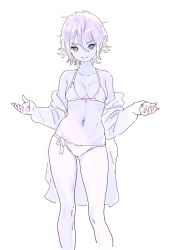 Rule 34 | 1girl, absurdres, bare shoulders, bikini, blue eyes, brown eyes, closed mouth, contrapposto, copyright request, enkyo yuuichirou, feet out of frame, heterochromia, highres, jacket, looking at viewer, navel, off-shoulder jacket, off shoulder, open clothes, open jacket, outstretched arms, pink hair, short hair, side-tie bikini bottom, simple background, smile, solo, spread arms, swimsuit, white background, white bikini, white jacket