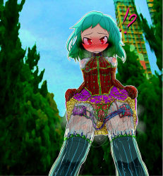 Rule 34 | 1girl, akaishi shiroishi, anal, blush, clenched teeth, clothes lift, cropped legs, double penetration, green hair, lifting own clothes, nipple stimulation, open mouth, panties, remote control vibrator, see-through, sex toy, skirt, skirt lift, teeth, tentacle clothes, thighhighs, underwear, upskirt, vaginal, vibrator, vibrator on nipple