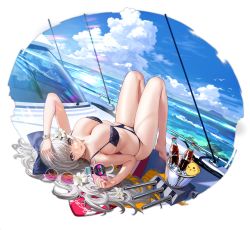 Rule 34 | 1girl, azur lane, bare shoulders, barefoot, bikini, blue bow, blush, bottle, bow, breasts, camera, cloud, day, unworn eyewear, flower, grey eyes, hair bow, hair flower, hair ornament, highres, holding, holding camera, ice, ice bucket, large breasts, long hair, looking at viewer, lying, manjuu (azur lane), mouth hold, ocean, official art, on back, outdoors, palm tree, sky, smile, soda bottle, sunglasses, sunglasses removed, swimsuit, thighs, transparent background, tree, turret, very long hair, vittorio veneto (azur lane), vittorio veneto (the flower of la spezia) (azur lane), water, white flower, yunsang