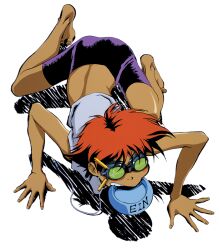 Rule 34 | 1girl, all fours, barefoot, bike shorts, blush stickers, bowl, cowboy bebop, dark-skinned female, dark skin, edward wong hau pepelu tivrusky iv, full body, goggles, midriff, mouth hold, non-web source, official art, pet bowl, photoshop (medium), red hair, short hair, simple background, solo, tomboy, white background
