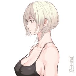Rule 34 | 1girl, blonde hair, bob cut, breasts, brown eyes, camisole, cleavage, closed mouth, covered erect nipples, from side, inverted bob, large breasts, original, profile, shu-mai, simple background, solo, upper body, white background