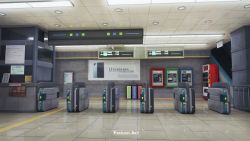 Rule 34 | 3d, ad, atm, blender (medium), ceiling, ceiling light, commentary, english commentary, english text, floor, foxeleos, highres, indoors, no humans, original, photoshop (medium), scenery, stairs, subway, tile floor, tiles, trash can, vending machine, wall, watermark