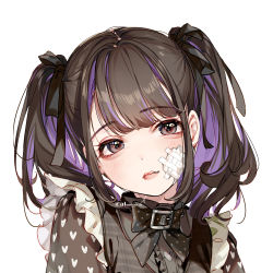 Rule 34 | 1girl, absurdres, almic, bandage on face, bandages, black hair, black ribbon, buckle, fashion, floating hair, hair ribbon, head tilt, heart, heart print, highres, jirai kei, looking at viewer, multicolored hair, original, pink lips, portrait, ribbon, shirt, simple background, solo, twintails, watermark, white background