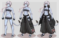 Rule 34 | 1girl, abs, baggy pants, bare legs, bare shoulders, belt, black belt, black gloves, black pants, blue oni, blue skin, braid, cargo pants, character sheet, collarbone, colored skin, commentary, deadslot4, demon, demon girl, demon tail, emblem, english commentary, fingerless gloves, foot wraps, geru (deadslot4), gloves, hair ornament, hair scrunchie, high collar, hip vent, huge pockets, looking up, messy hair, multiple views, navel, oni, original, pants, pocket, revealing clothes, scrunchie, shiny skin, sleeveless duster, solo, tail, tomboy, toned, variations, white hair, white trim, yellow eyes