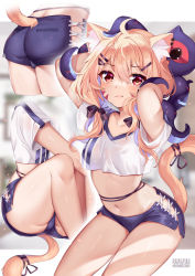 Rule 34 | 1girl, ahoge, animal ear fluff, animal ears, armpit peek, arms behind head, arms up, ass, black shorts, blonde hair, breasts, cat ears, cat girl, cat tail, collarbone, commentary, crop top, crop top overhang, english commentary, hair over shoulder, highres, hip vent, indie virtual youtuber, knees up, long hair, looking at viewer, low twintails, medium breasts, micro shorts, midriff, multiple views, navel, see-through silhouette, shirt, short sleeves, shorts, shyrei faolan, squchan, stomach, tail, thighs, twintails, virtual youtuber, white shirt