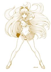 Rule 34 | 1girl, aino minako, back bow, bishoujo senshi sailor moon, bow, choker, commentary request, covered navel, elbow gloves, full body, gloves, hair bow, kouda tomohiro, leotard, long hair, looking at viewer, monochrome, pleated skirt, pointing, sailor collar, sailor venus, sepia, signature, simple background, skirt, smile, solo, standing, strappy heels