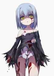 Rule 34 | 1girl, bad id, bad pixiv id, blood, blood on clothes, blood on face, cowboy shot, fate/apocrypha, fate (series), jack the ripper (fate/apocrypha), looking at viewer, looking down, official alternate costume, short hair, solo, teko, torn clothes, white hair, yellow eyes
