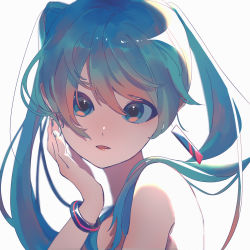 Rule 34 | 1girl, absurdres, aqua eyes, aqua hair, earrings, gradient hair, hand up, hatsune miku, highres, jewelry, looking at viewer, multicolored hair, parted lips, pink hair, ritao kamo, simple background, solo, twintails, vocaloid, white background