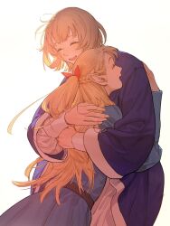Rule 34 | 2girls, blonde hair, blue dress, blue robe, braid, closed eyes, commentary, dress, dungeon meshi, falin touden, falin touden (tallman), french braid, grey hair, hair ribbon, hands on another&#039;s back, hashtag-only commentary, highres, hug, long sleeves, marcille donato, medium hair, multiple girls, open mouth, red ribbon, ribbon, robe, shirt, simple background, smile, tanjiu, upper body, white background, white shirt