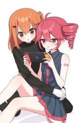 2girls a.i._voice absurdres adachi_rei ahoge belt black_skirt black_sweater drill_hair gloves highres holding kasane_teto miniskirt multiple_girls nintendo_switch one_side_up open_mouth orange_belt orange_eyes orange_hair pleated_skirt red_eyes red_hair red_trim shirai_sahuni shirt skirt sleeveless sleeveless_shirt sweater turtleneck turtleneck_sweater twin_drills utau white_gloves