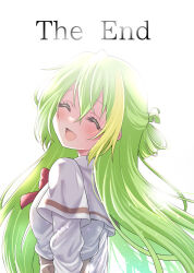 Rule 34 | 1girl, :d, alina gray, arms behind back, blush, bow, bowtie, closed eyes, cover, cover page, doujin cover, facing viewer, green hair, hair between eyes, highres, layered sleeves, long hair, long sleeves, magia record: mahou shoujo madoka magica gaiden, mahou shoujo madoka magica, multicolored hair, open mouth, red bow, red bowtie, sakae general school uniform, satom, school uniform, shirt, short over long sleeves, short sleeves, sidelocks, simple background, single hair ring, smile, solo, streaked hair, upper body, white background, white shirt