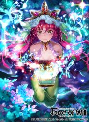Rule 34 | 1girl, bare shoulders, breasts, brown eyes, cleavage, copyright name, crown, force of will, jewelry, leaf, long hair, mayo (becky2006), necklace, official art, pink hair, sitting, solo, sparkle, veil